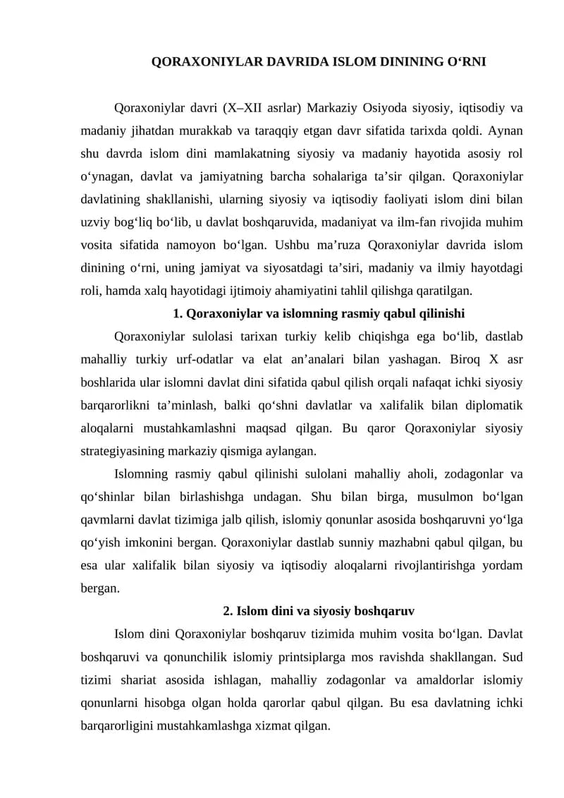 Qoraxoniylar davrida islom dinining o'rni mavzuida ilmiy ma'ruza tayyorlash