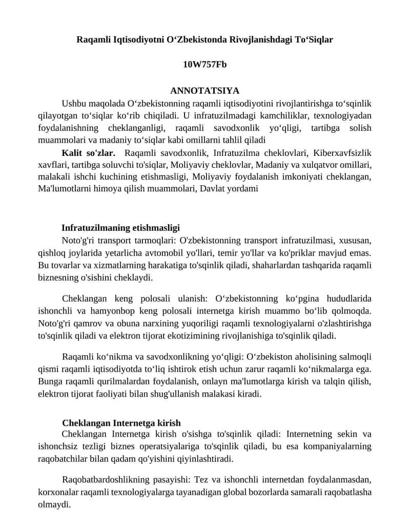 Raqamli Iqtisodiyotni OʻZbekistonda Rivojlanishdagi ToʻSiqlar