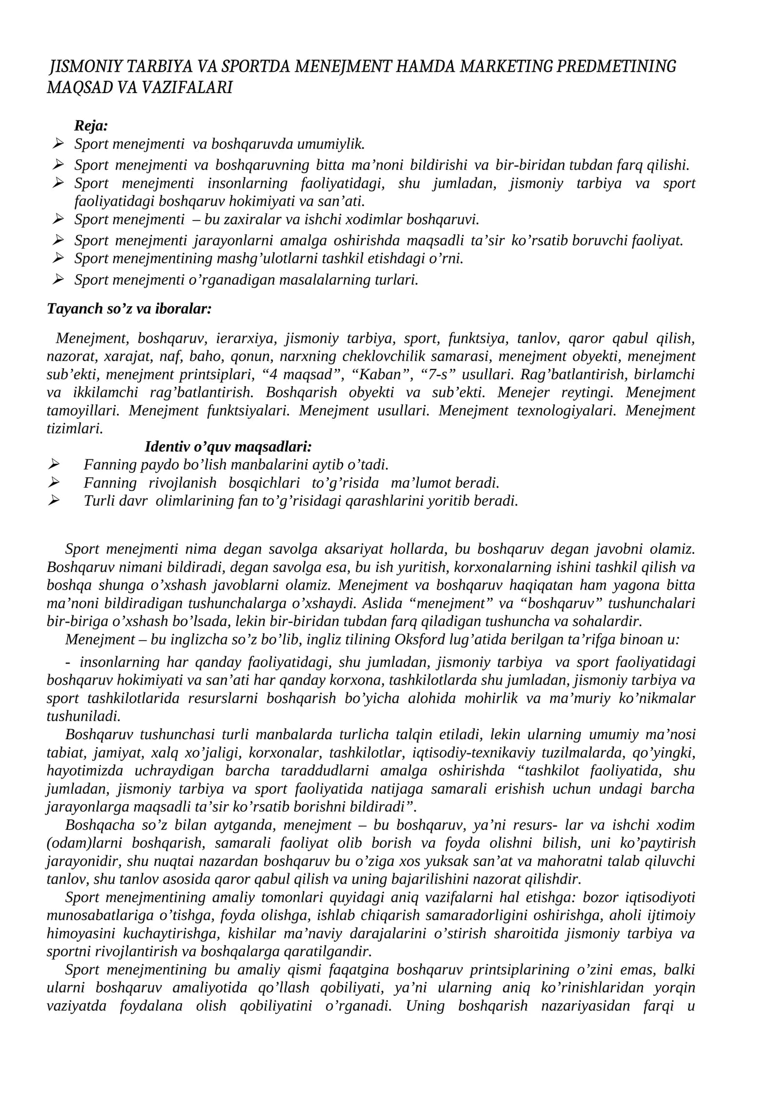 JISMONIY TARBIYA VA SPORTDA MENEJMENT HAMDA MARKETING PREDMETINING MAQSAD VA VAZIFALARI
