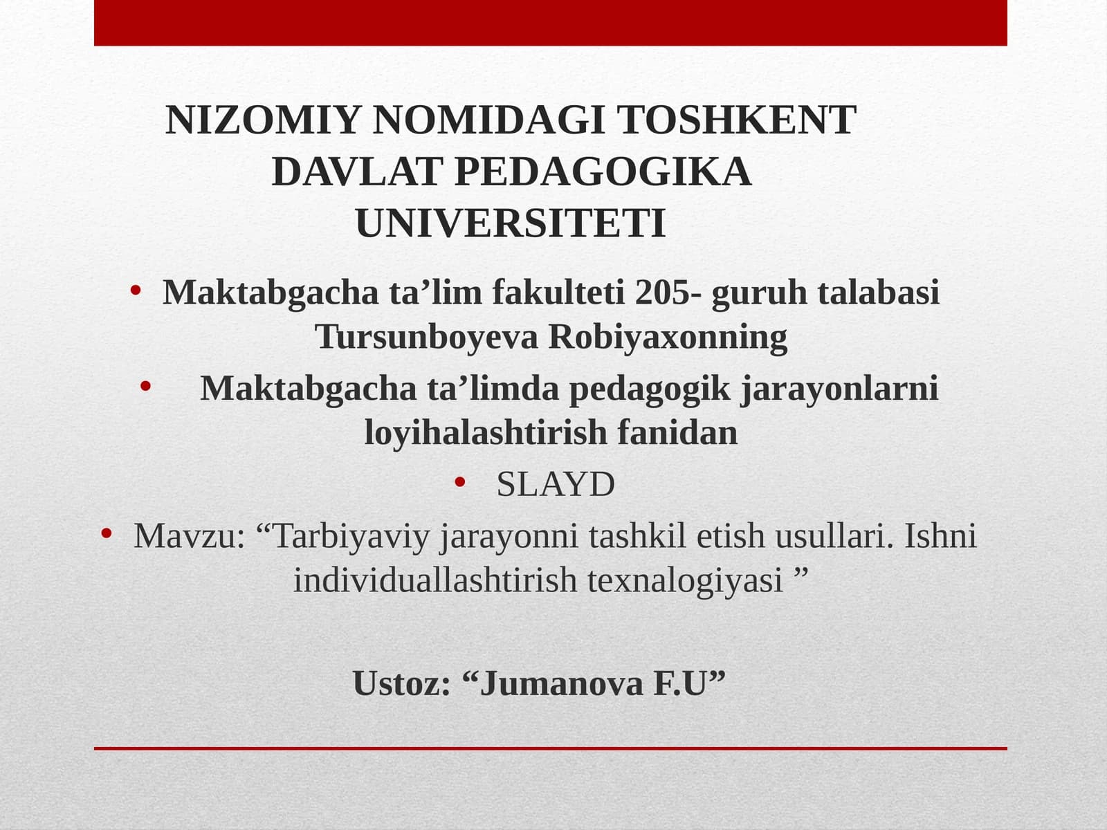 “Tarbiyaviy jarayonni tashkil etish usullari”