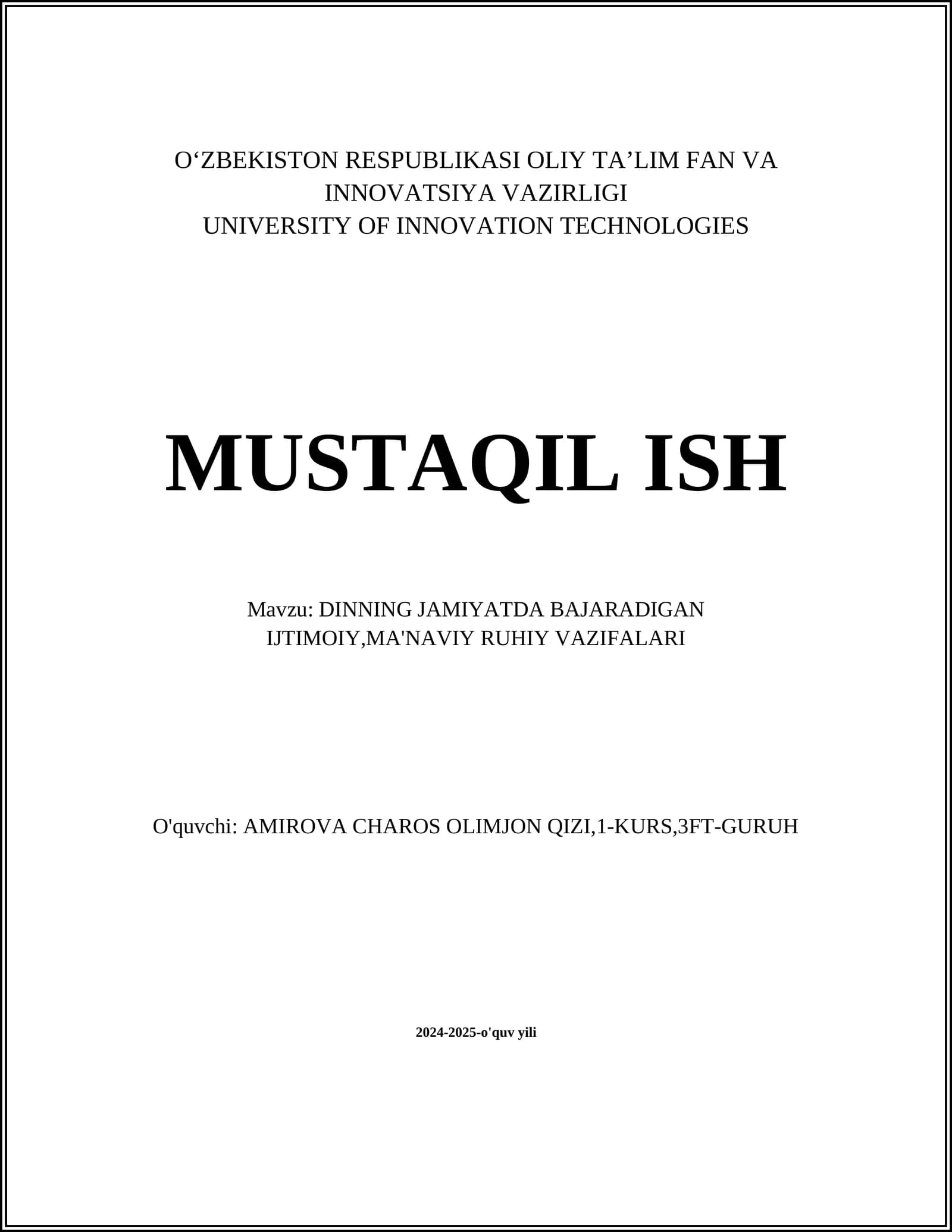 DINNING JAMIYATDA BAJARADIGAN IJTIMOIY,MA'NAVIY RUHIY VAZIFALARI