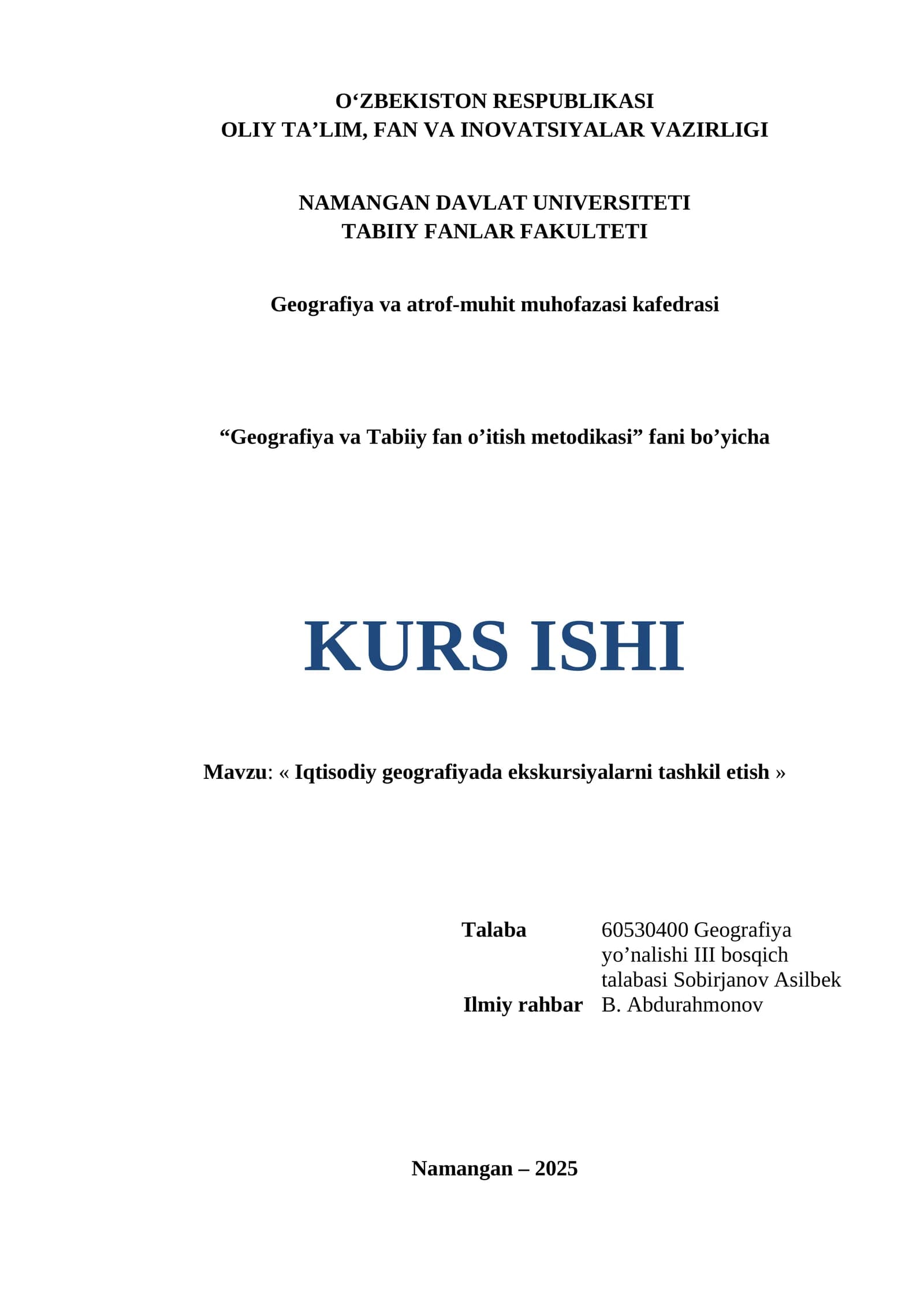 Iqtisodiy geografiyada ekskursiyalarni tashkil etish