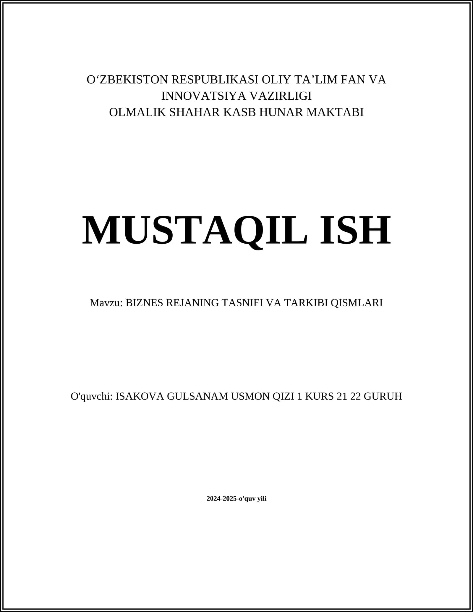 BIZNES REJANING TASNIFI VA TARKIBI QISMLARI
