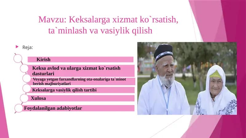 Keksalarga xizmat ko`rsatish,  ta`minlash va vasiylik qilish
