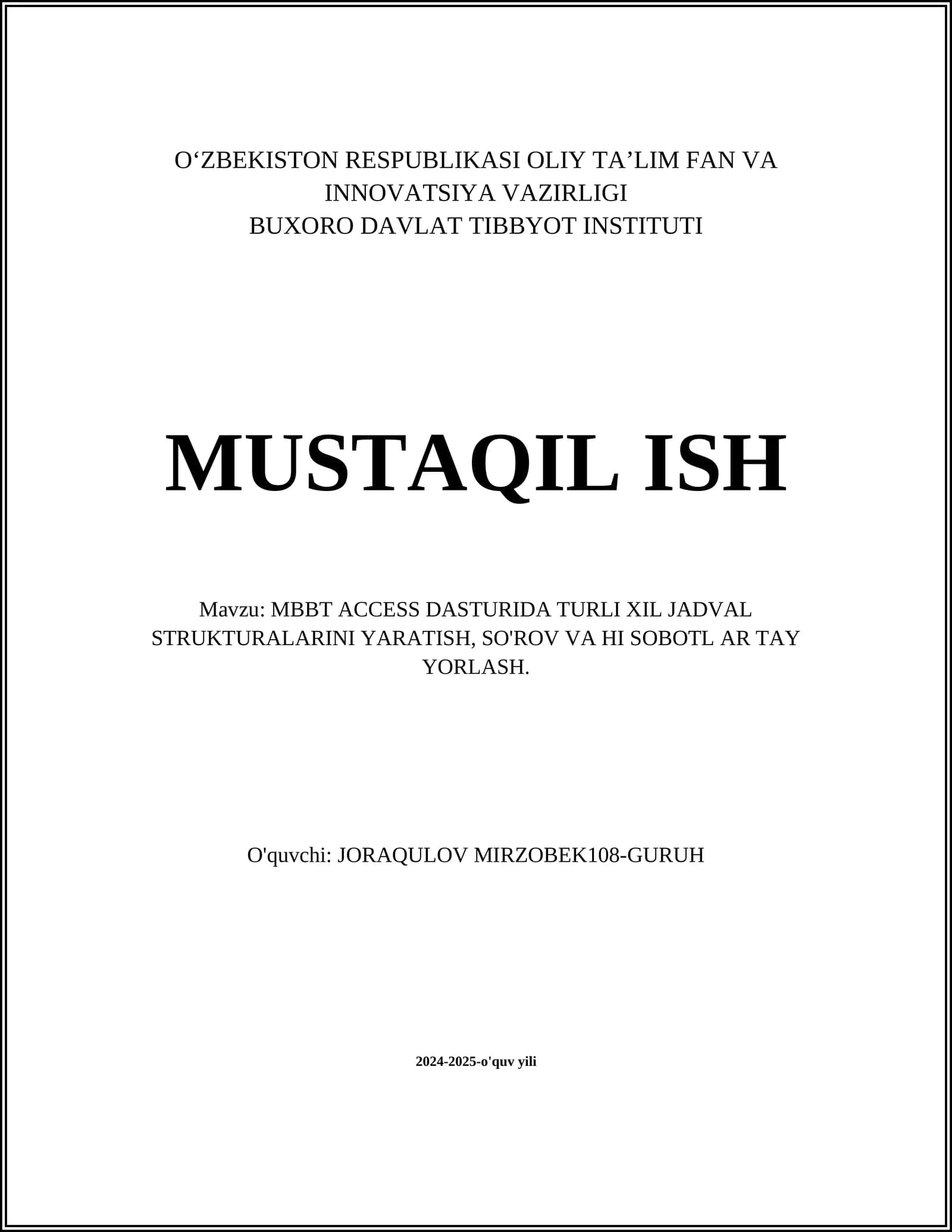 MBBT kirish va ma'lumotlar bazasi dizayni