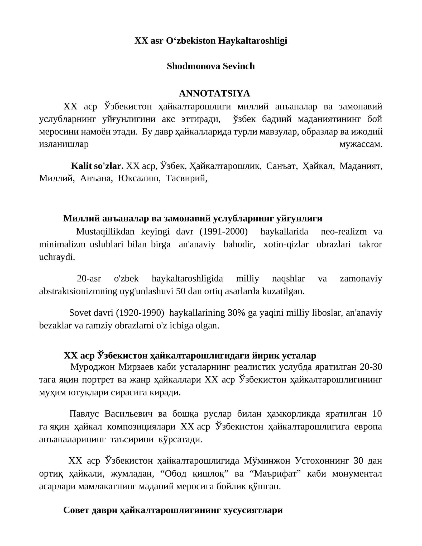 XX asr Oʻzbekiston Haykaltaroshligi