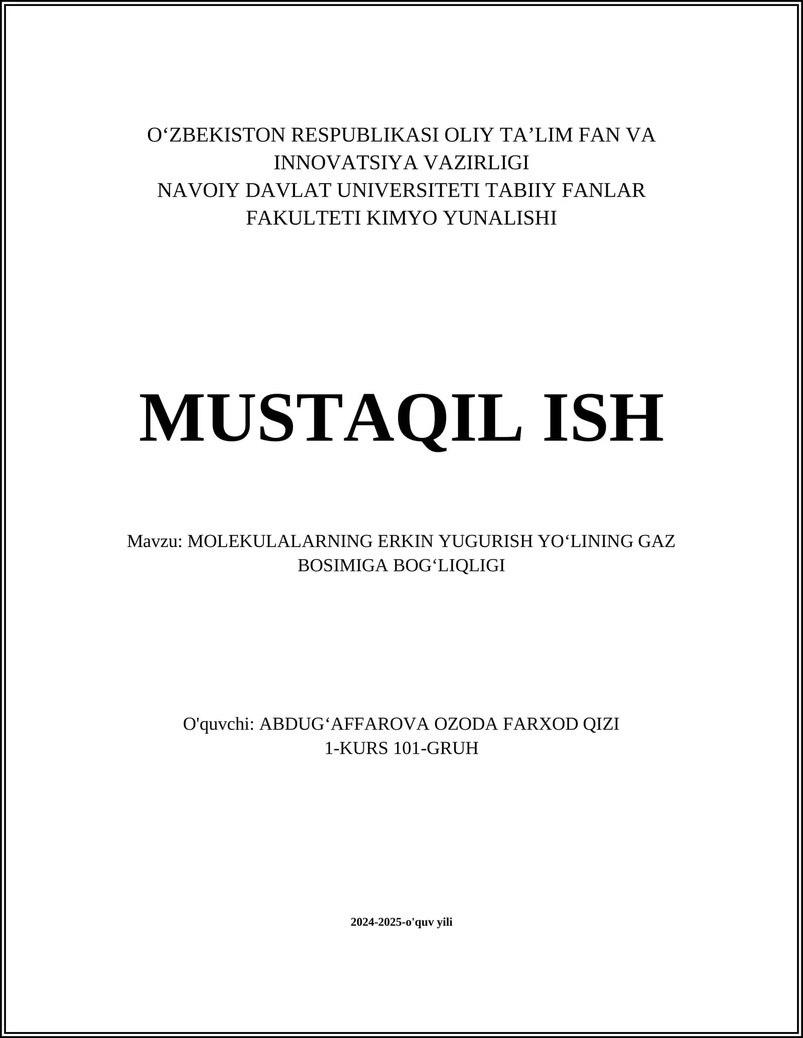 Molekulalarning erkin yugurish yoʻlining gaz bosimiga bogʻliqli