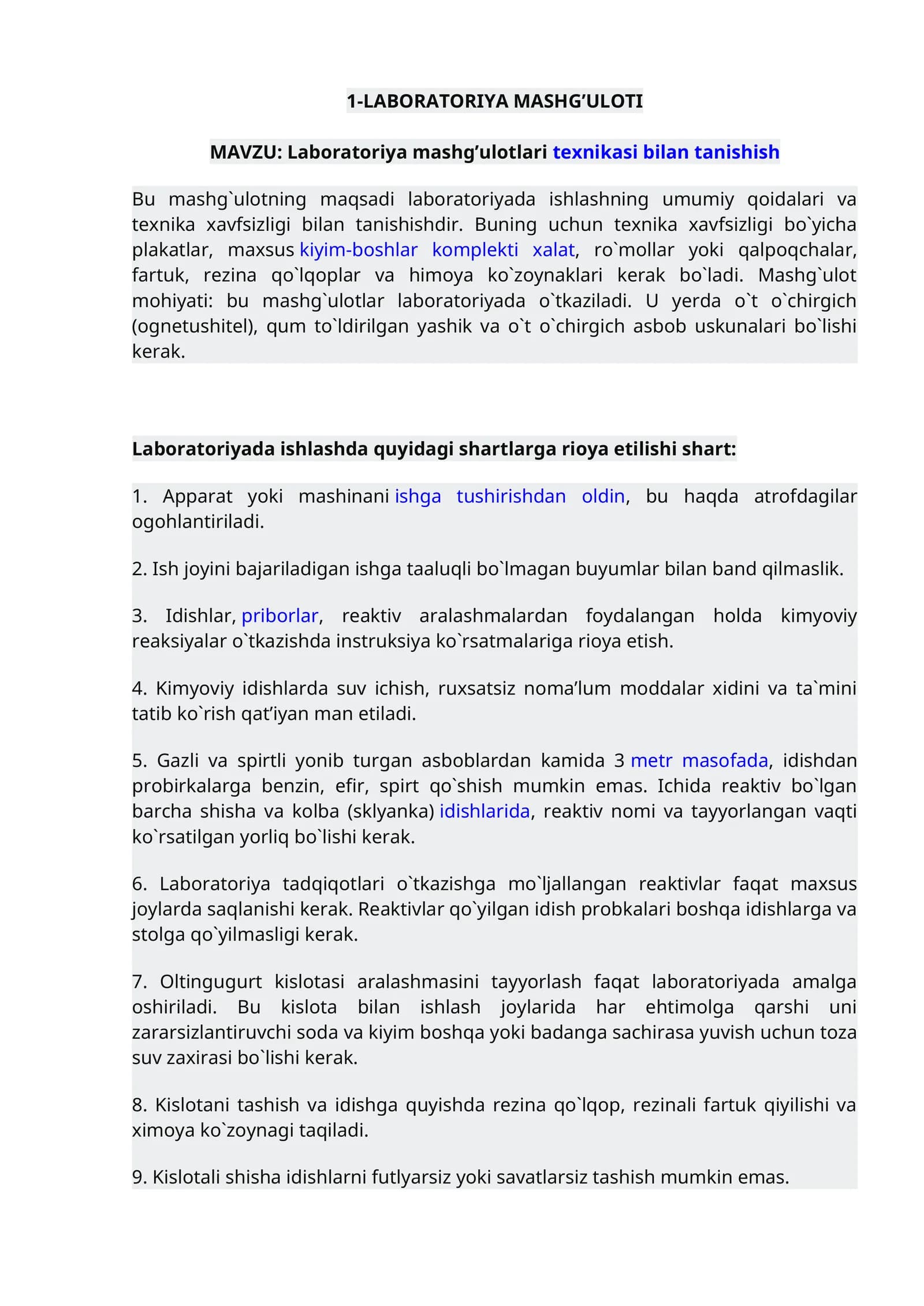 laboratoriyada ishlashning umumiy qoidalari va texnika xavfsizligi bilan tanishish