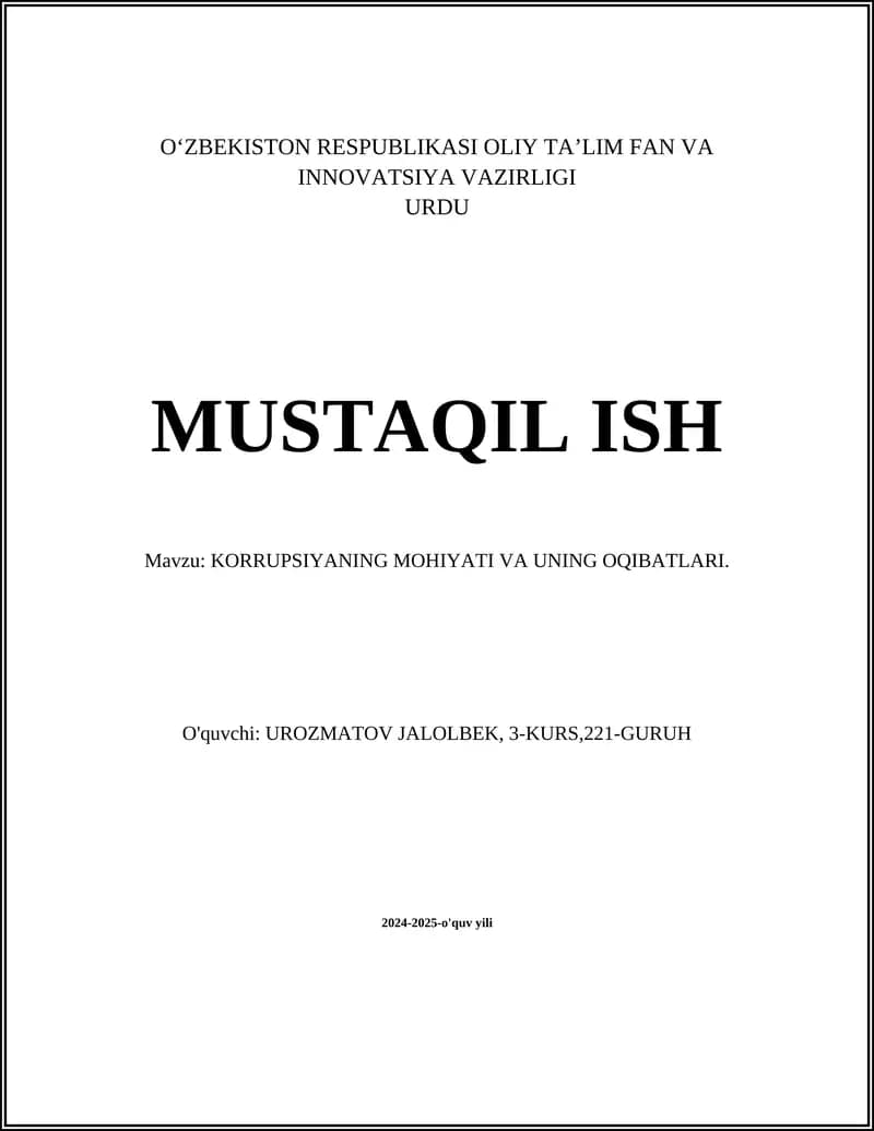 KORRUPSIYANING MOHIYATI VA UNING OQIBATLARI
