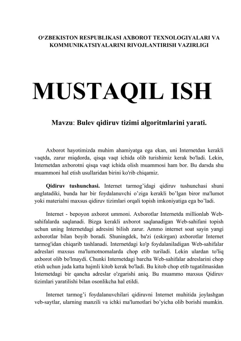 Bulev qidiruv tizimi algoritmlarini yaratish
