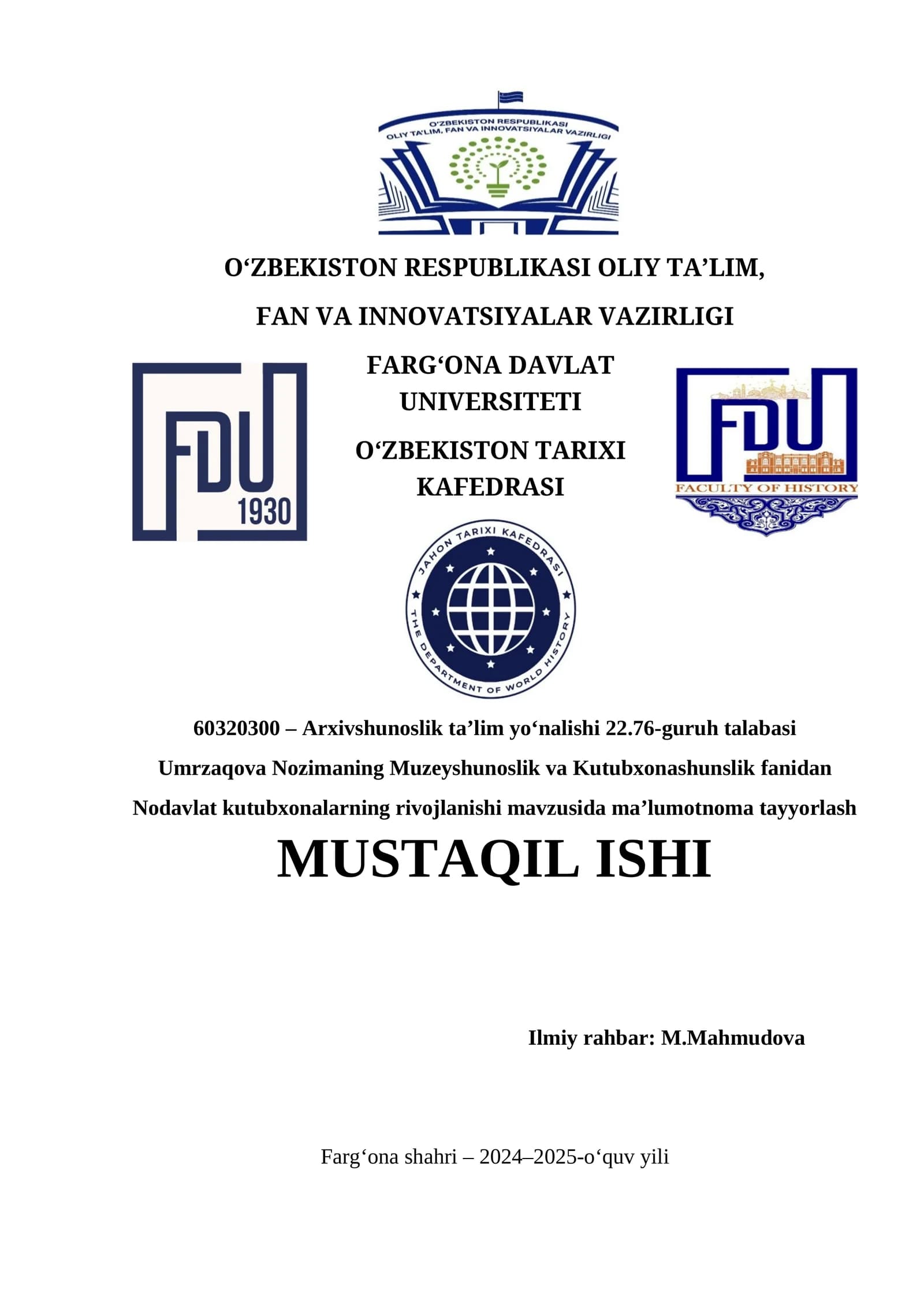 Arxivshunoslik ta’lim yo‘nalishi 22.76-guruh talabasi