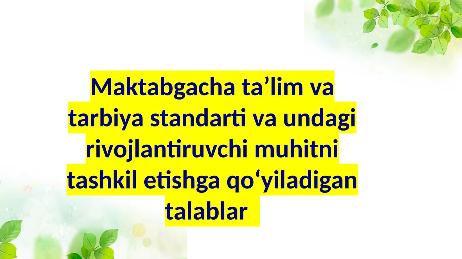 Maktabgacha  taʼlim  va tarbiya  standarti va undagi  rivojlantiruvchi muhitni tashkil etishgaqoʻyiladigantalablar