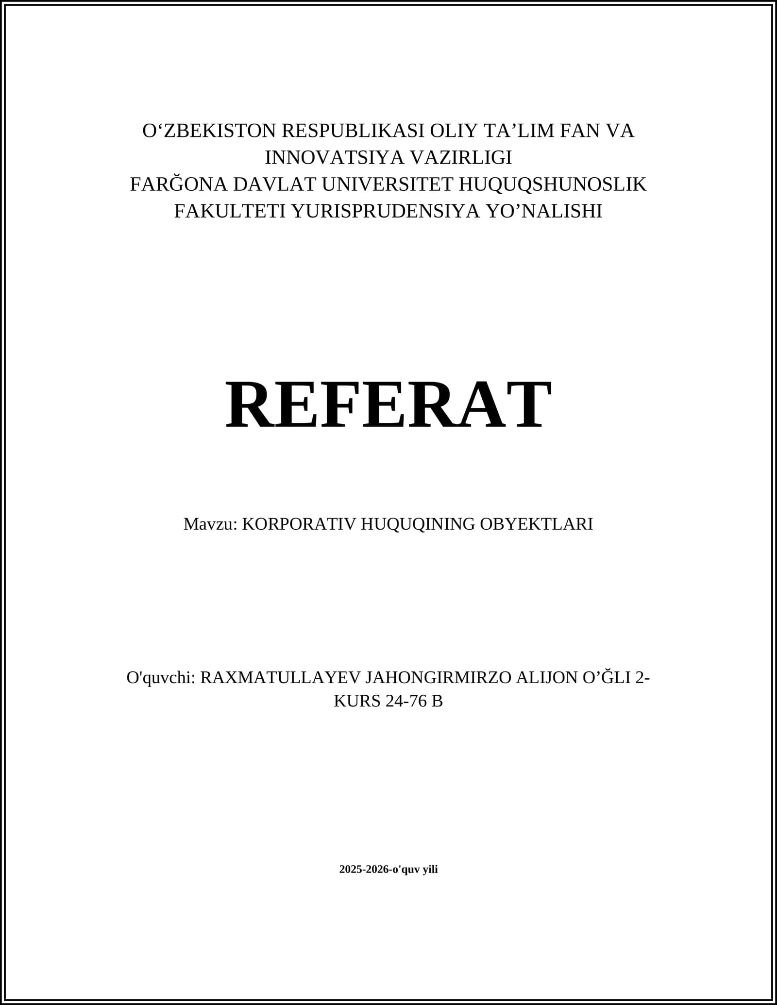 KORPORATIV HUQUQINING OBYEKTLARI