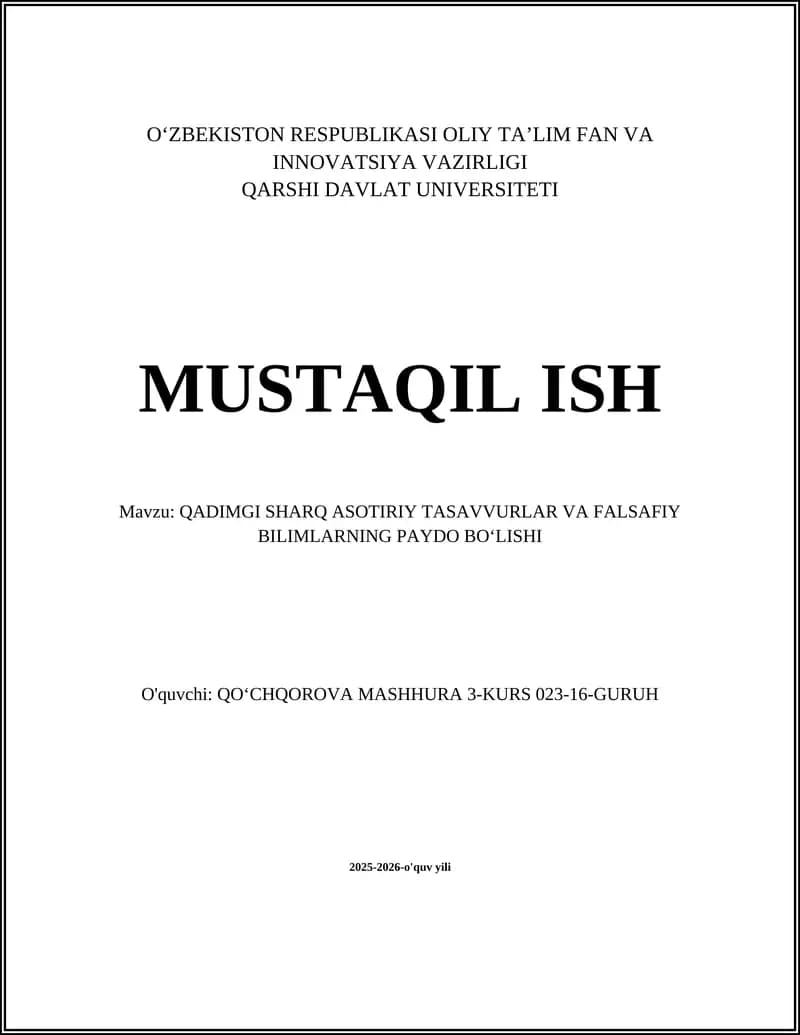 QADIMGI SHARQ ASOTIRIY TASAVVURLAR VA FALSAFIY BILIMLARNING PAYDO BOʻLISHI