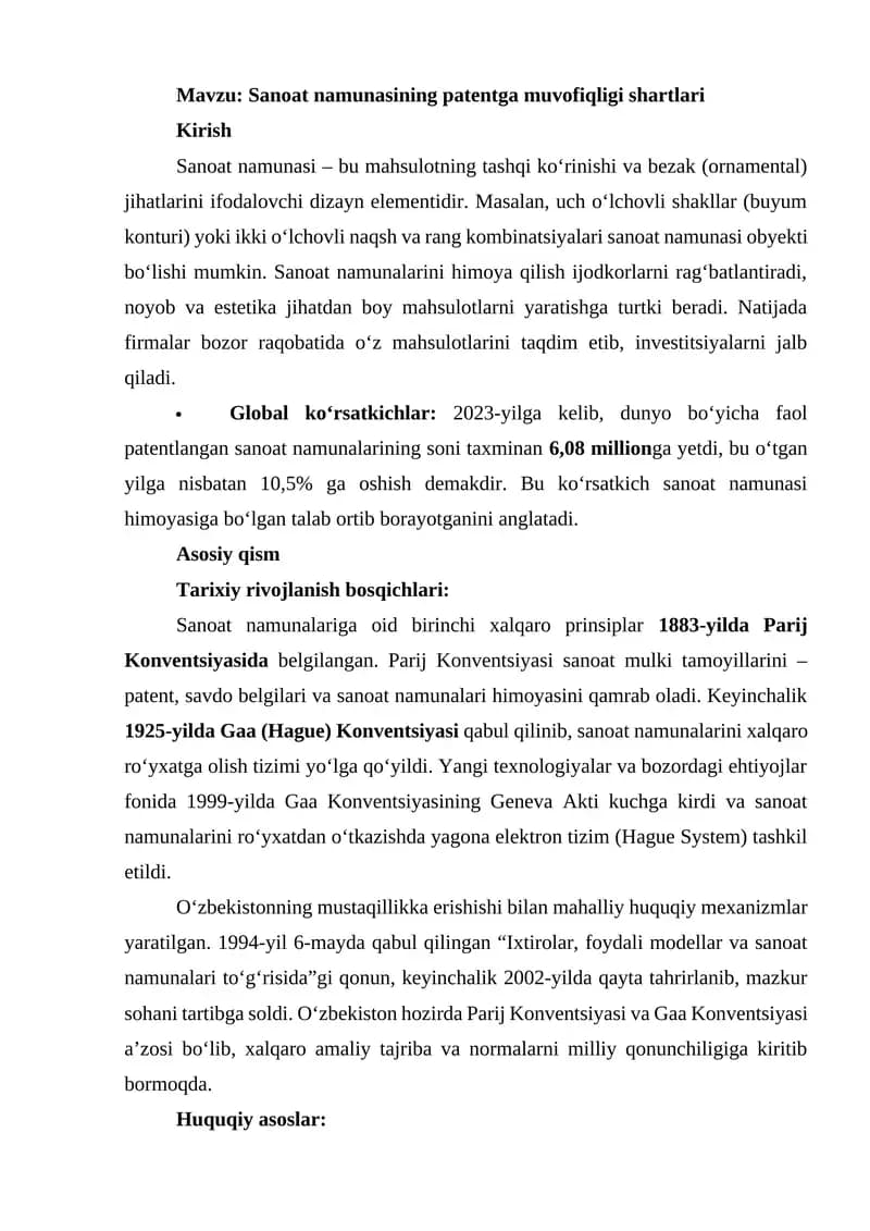 Sanoat namunasining patentga muvofiqligi shartlari