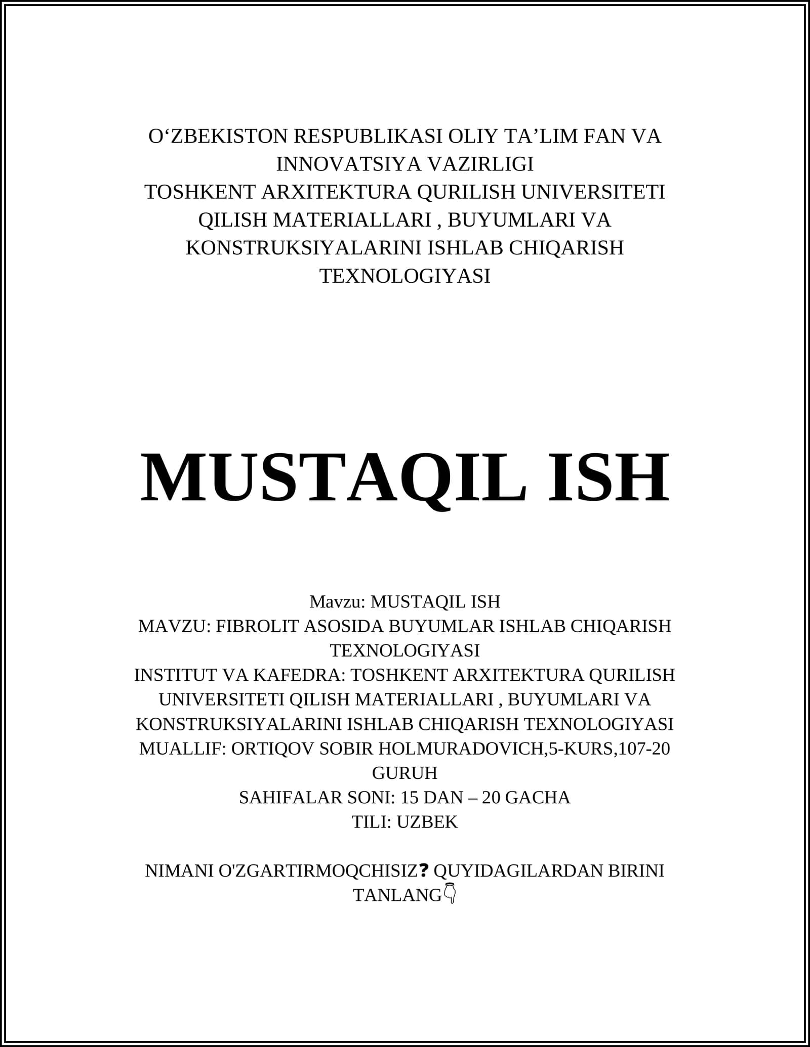 FIBROLIT ASOSIDA BUYUMLAR ISHLAB CHIQARISH TEXNOLOGIYASI