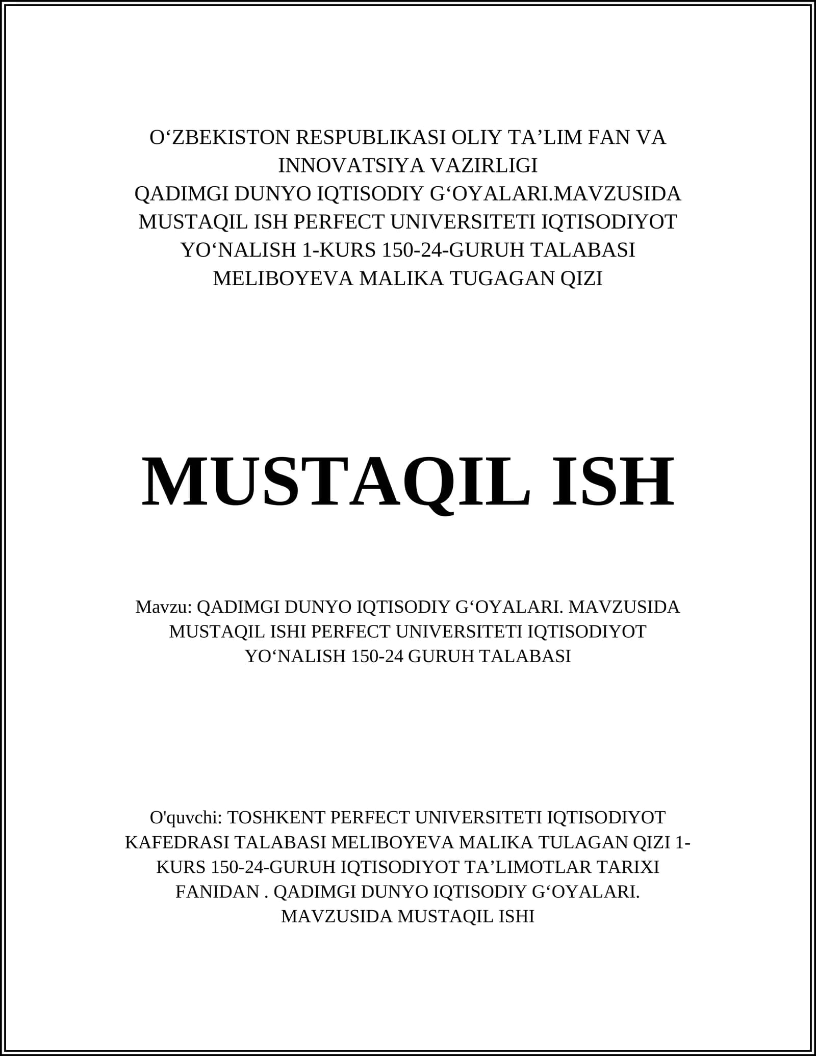 Qadimgi Dunyo Iqtisodiy G'o'yalar