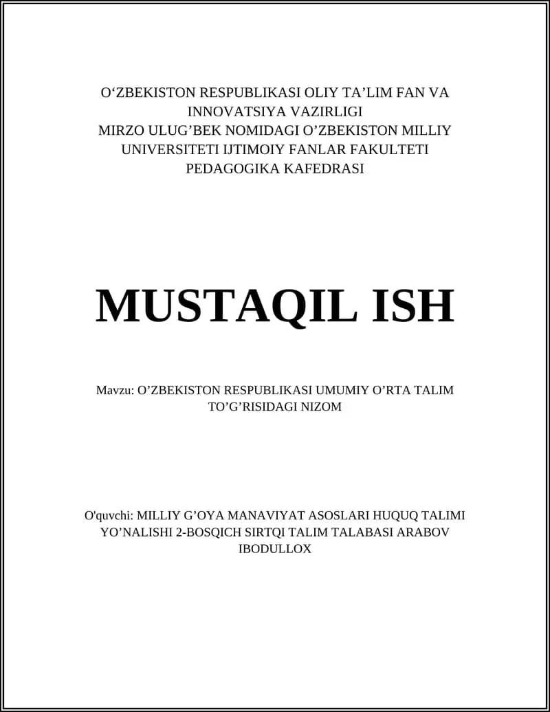 O'ZBEKISTON RESPUBLIKASI UMUMIY O’RTA TALIM TO’G’RISIDAGI NIZOM