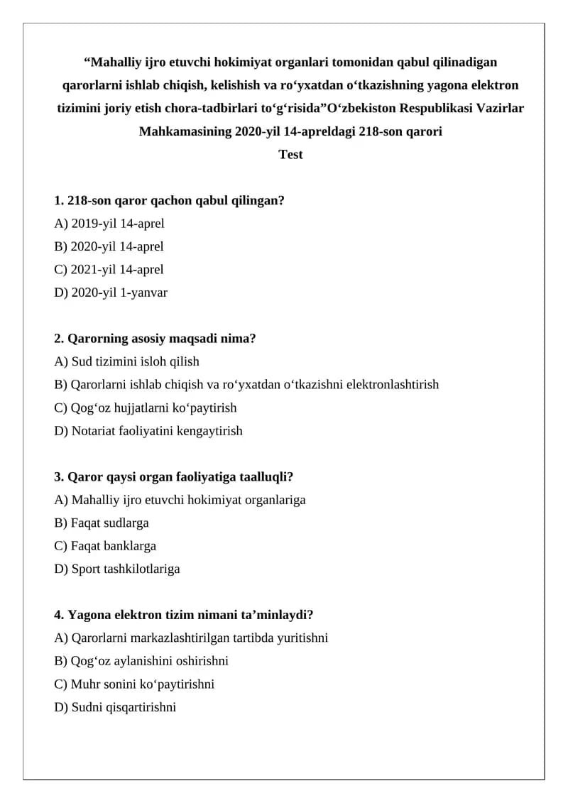 O‘zbekiston Respublikasi Vazirlar Mahkamasining 2020-yil 14-apreldagi 218-son qarori