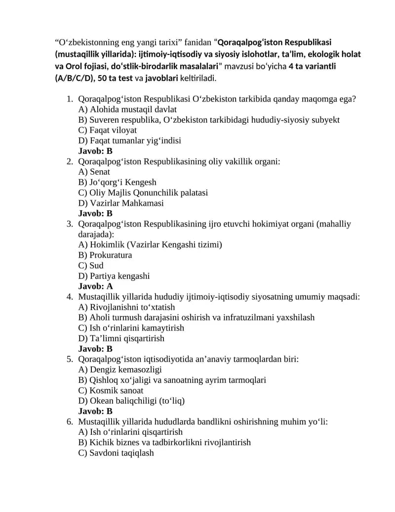 Oʻzbekistonning eng yangi tarixi 8-test