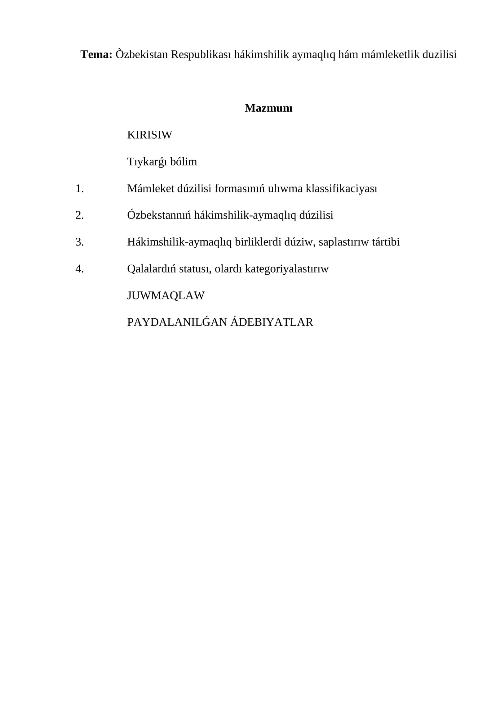 Òzbekistan Respublikası hákimshilik aymaqlıq hám mámleketlik duzilisi