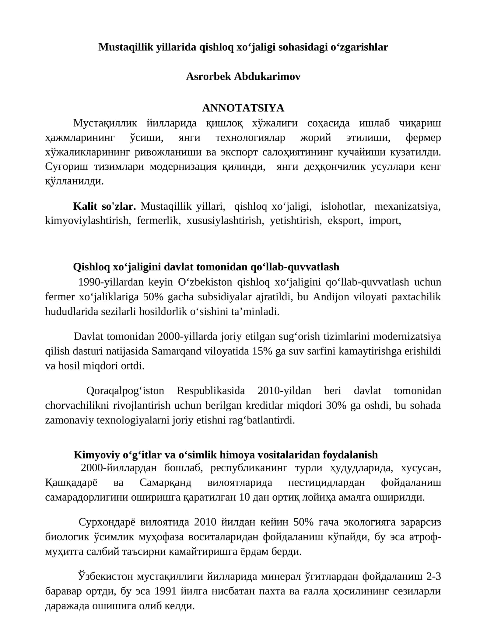 Qishloq xoʻjaligini davlat tomonidan qoʻllab-quvvatlash