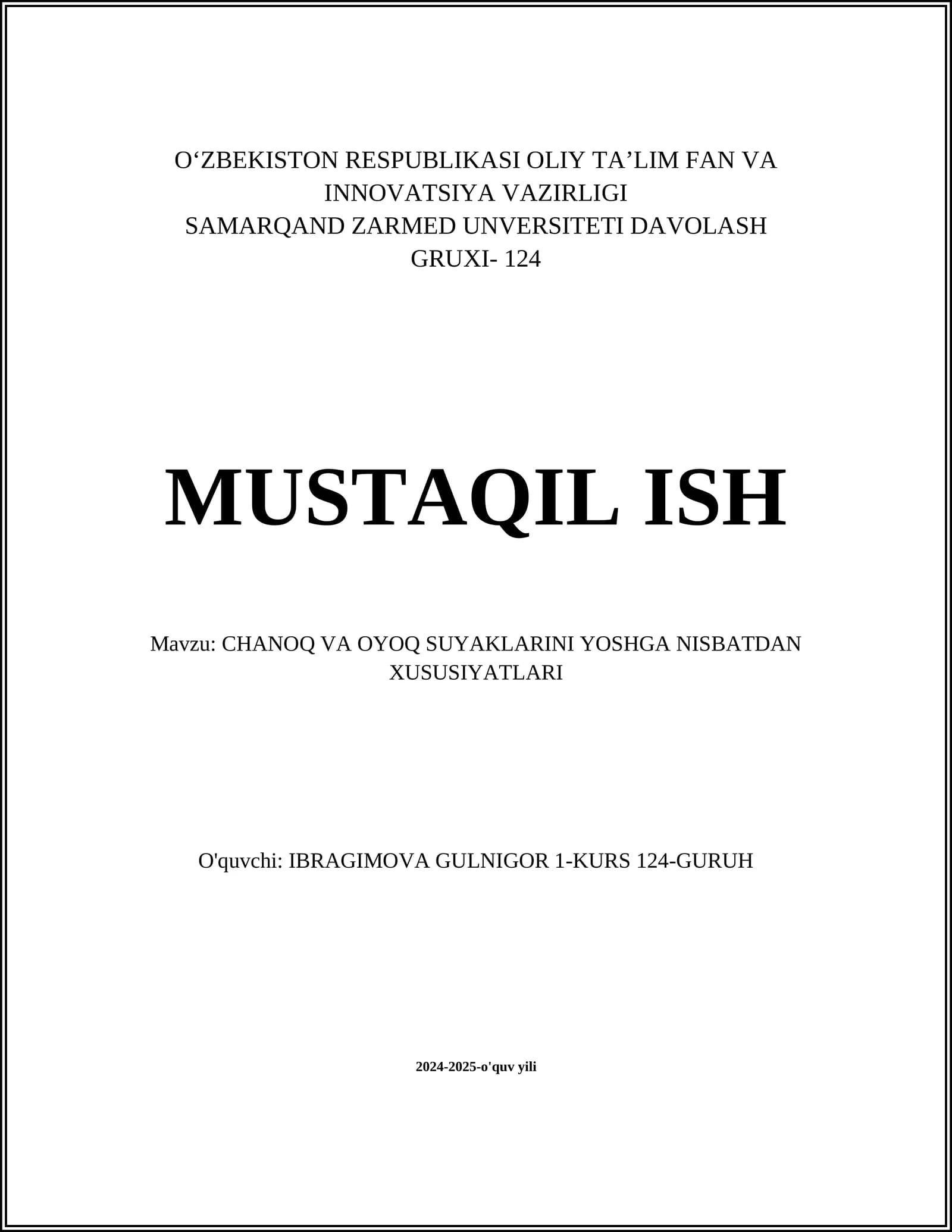 CHANOQ VA OYOQ SUYAKLARINI YOSHGA NISBATDAN XUSUSIYATLARI