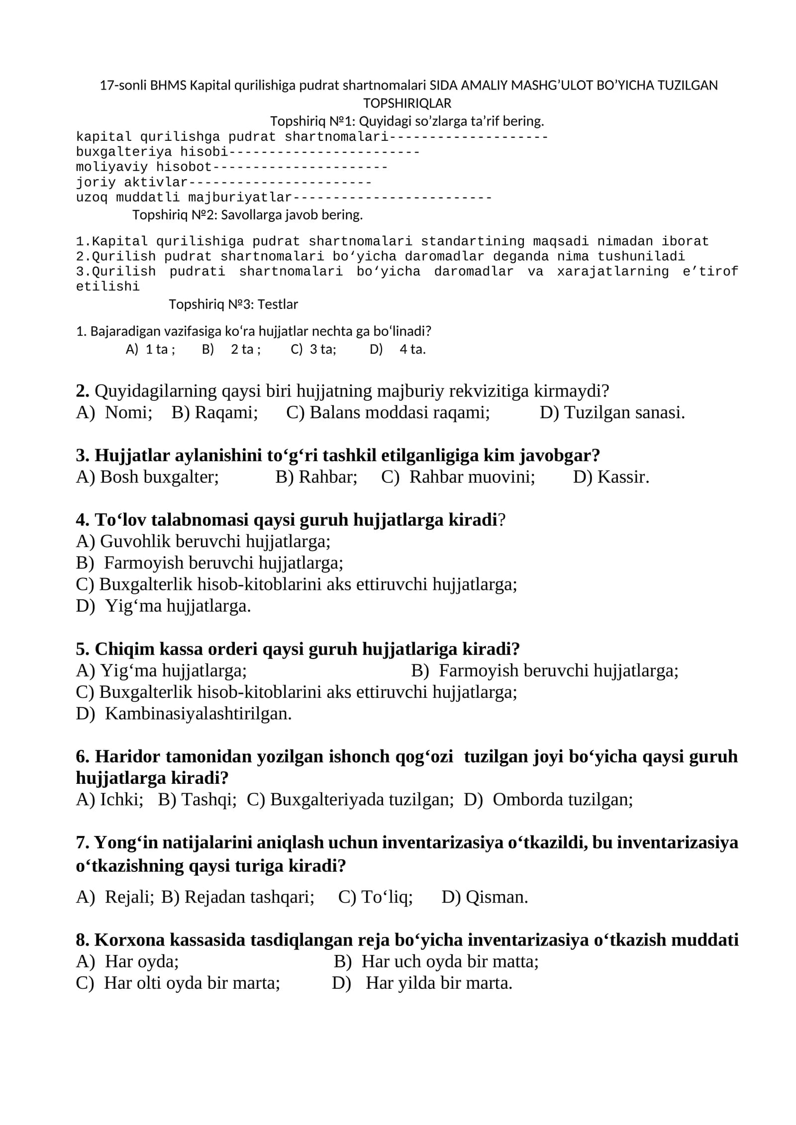 17-sonli BHMS Kapital qurilishiga pudrat shartnomalari SIDA AMALIY MASHG’ULOT BO’YICHA TUZILGAN TOPSHIRIQLAR