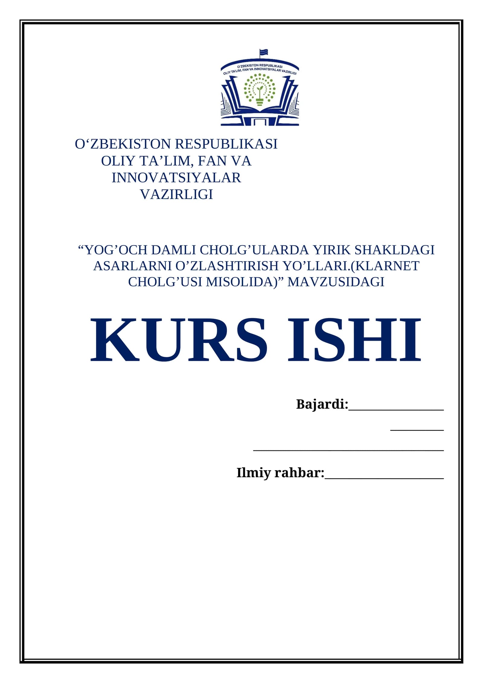 YOG’OCH DAMLI CHOLG’ULARDA YIRIK SHAKLDAGI ASARLARNI O’ZLASHTIRISH YO’LLARI.(KLARNET CHOLG’USI MISOLIDA)
