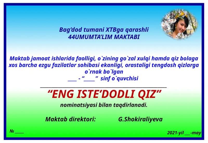 Faxriy yorliqlar va tashakkurnomalar shabloni