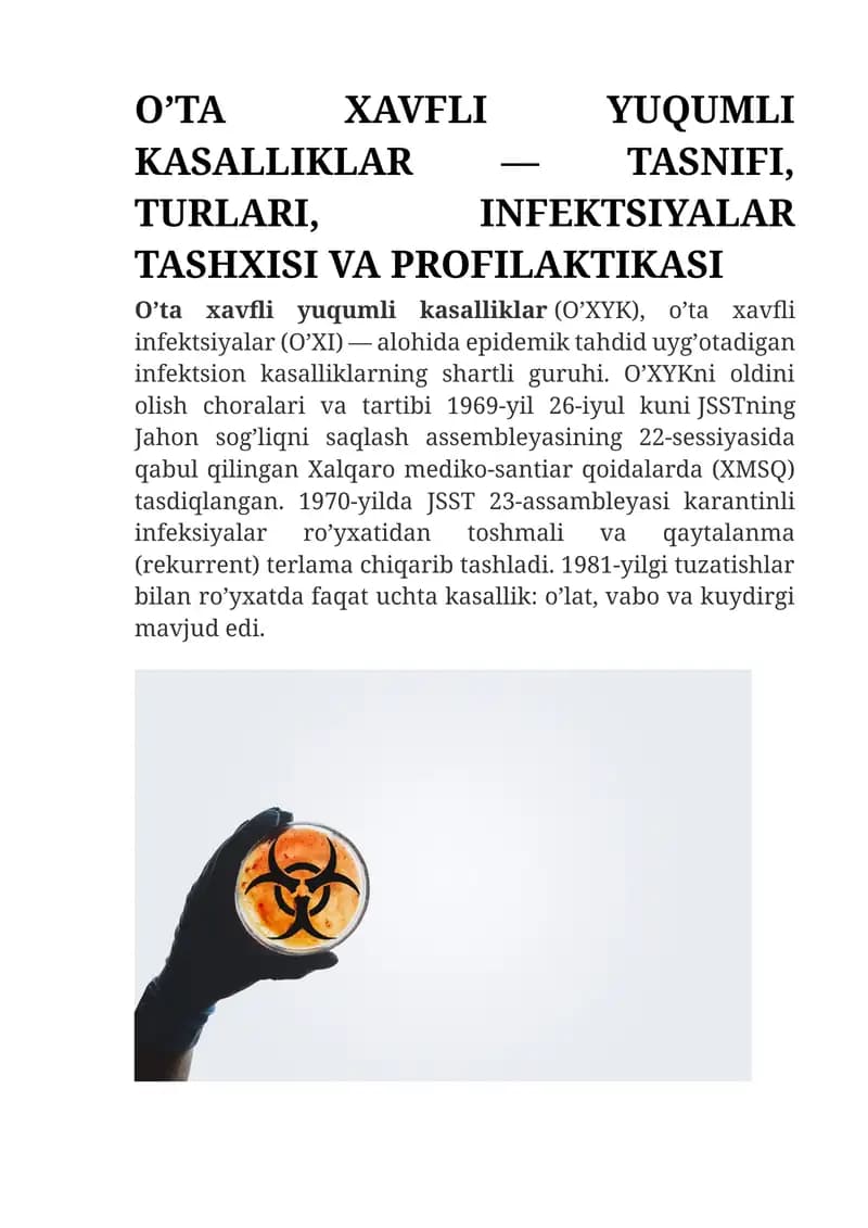 O’TA XAVFLI YUQUMLI KASALLIKLAR — TASNIFI, TURLARI, INFEKTSIYALAR TASHXISI VA PROFILAKTIKASI