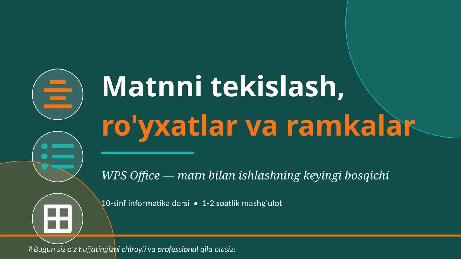 Microsoft Wordda matinlarni tekislash, ro'yhatlar va ramkalar.