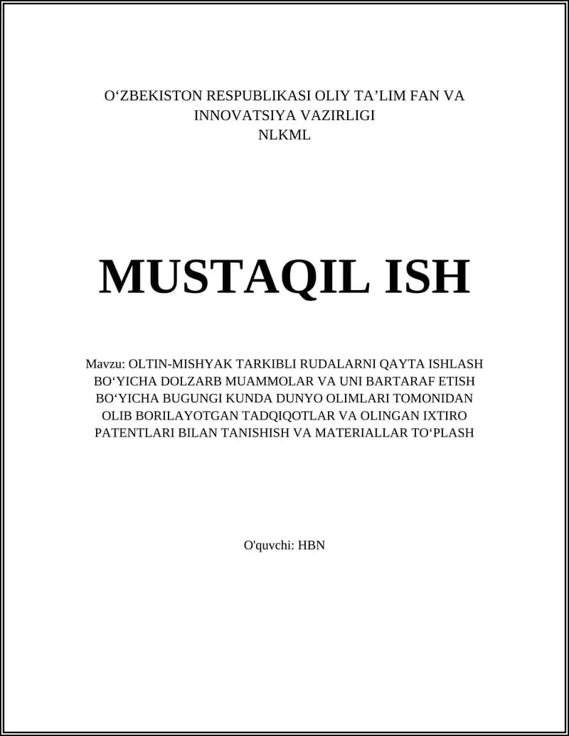 Oltin-Mishyak Tarkibli Rudalarning Minerallashuvi va Kimyoviy Xossalari Bo‘yicha Zamonaviy Tadqiqotlar va Patentlar