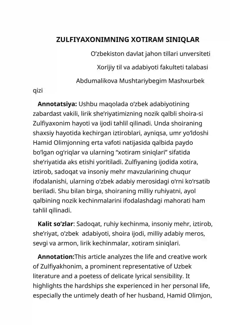 Zulfiyakhonimning Xotiram Siniqlar