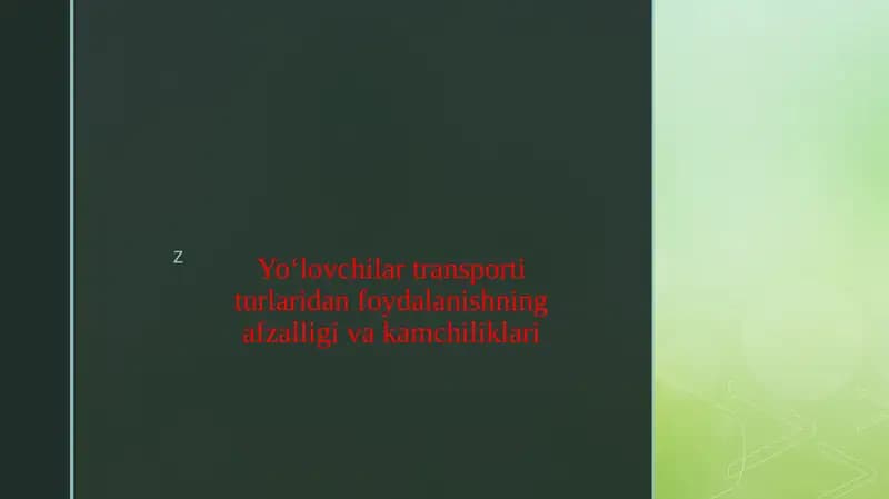 Yo‘lovchilar transporti turlaridan foydalanishning afzalligi va kamchiliklari