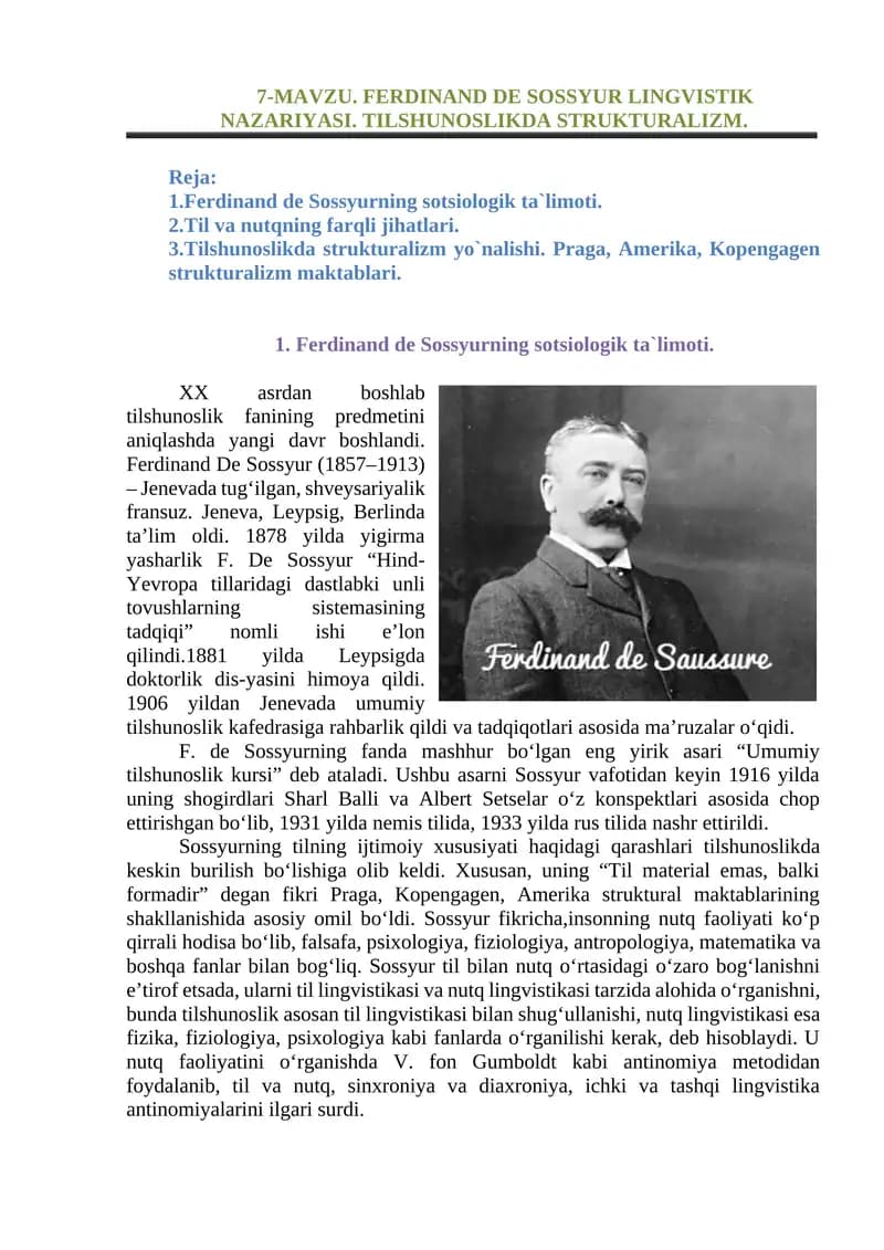 Ferdinand de Sossyur Linguistics Theory