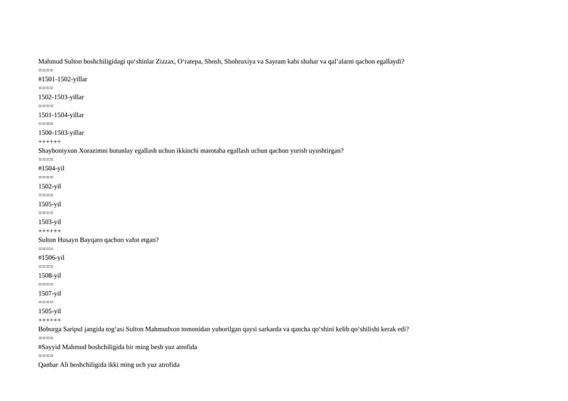 Shayboniyxon va Bobur davri tarixi bo'yicha savollar