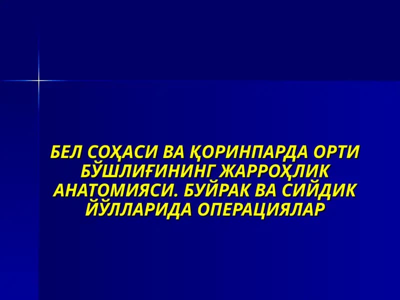БЕЛ СОҲАСИ ВА ҚОРИНПАРДА ОРТИ БЎШЛИҒИНИНГ ЖАРРОҲЛИК АНАТОМИЯСИ. БУЙРАК ВА СИЙДИК ЙЎЛЛАРИДА ОПЕРАЦИЯЛАР
