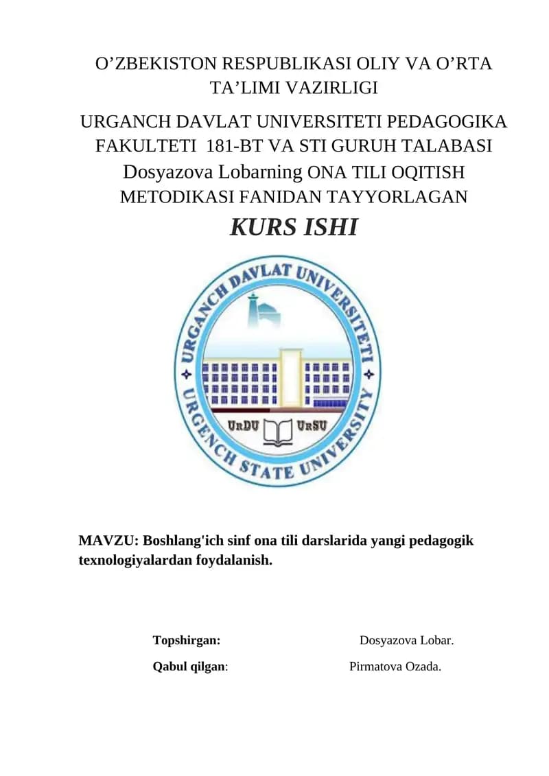 Dosyazova Lobarning ONA TILI OQITISH METODIKASI