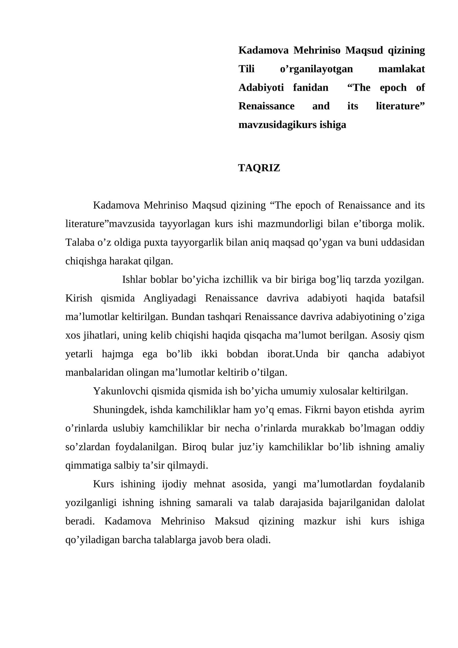Kadamova Mehriniso Maqsud qizining Tili o’rganilayotgan mamlakat Adabiyoti fanidan kurs ishi