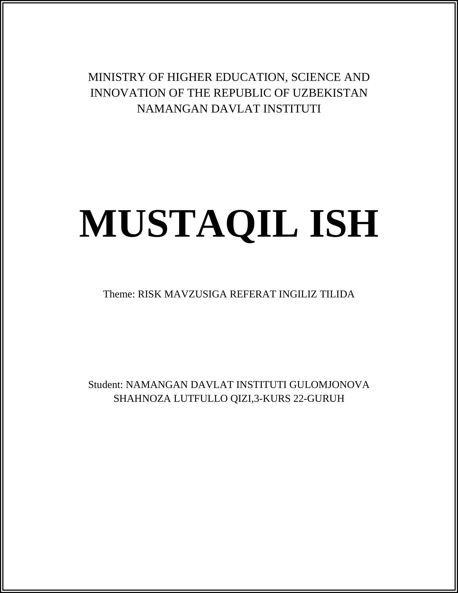 RISK MAVZUSIGA REFERAT INGILIZ TILIDA
