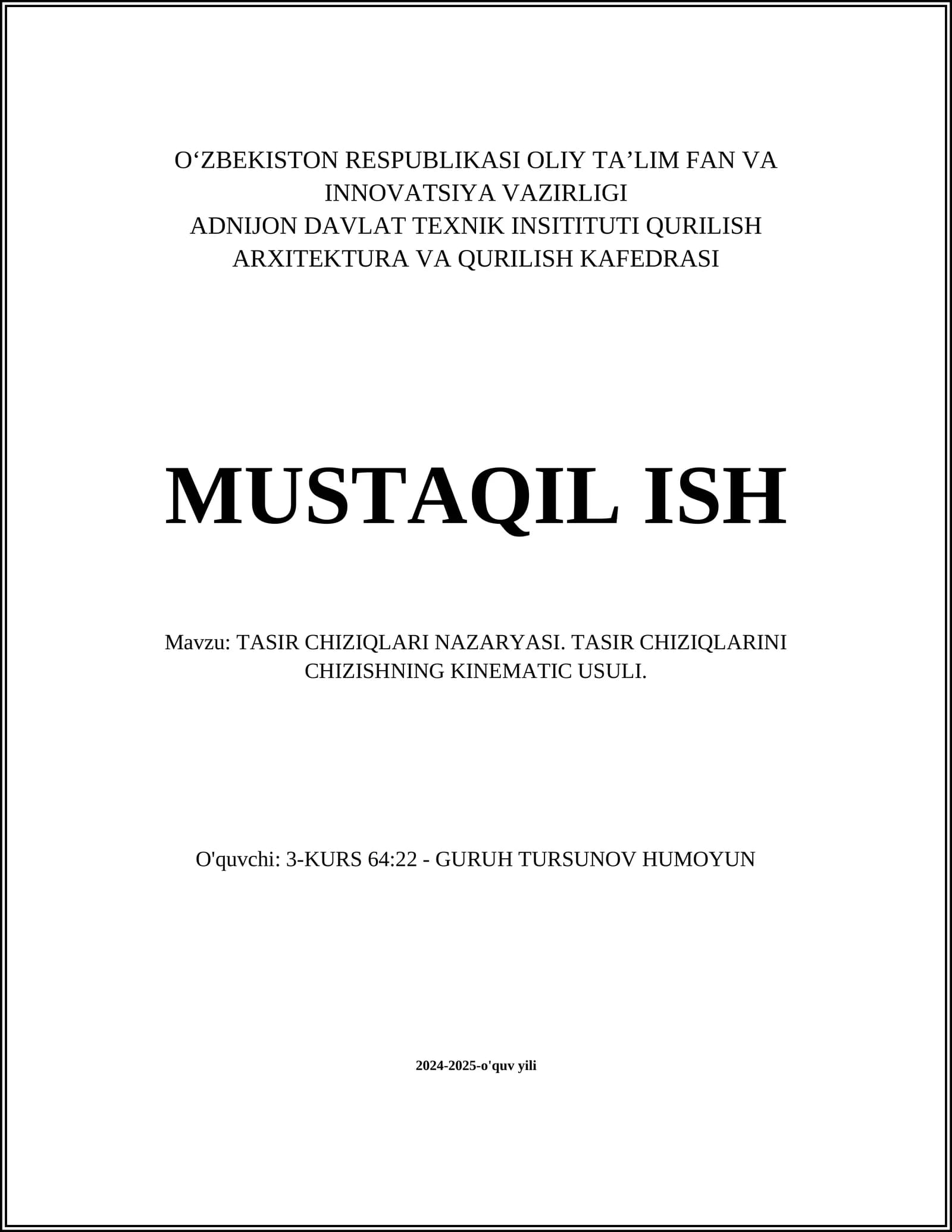 TASIR CHIZIQLARI NAZARYASI. TASIR CHIZIQLARINI CHIZISHNING KINEMATIC USULI