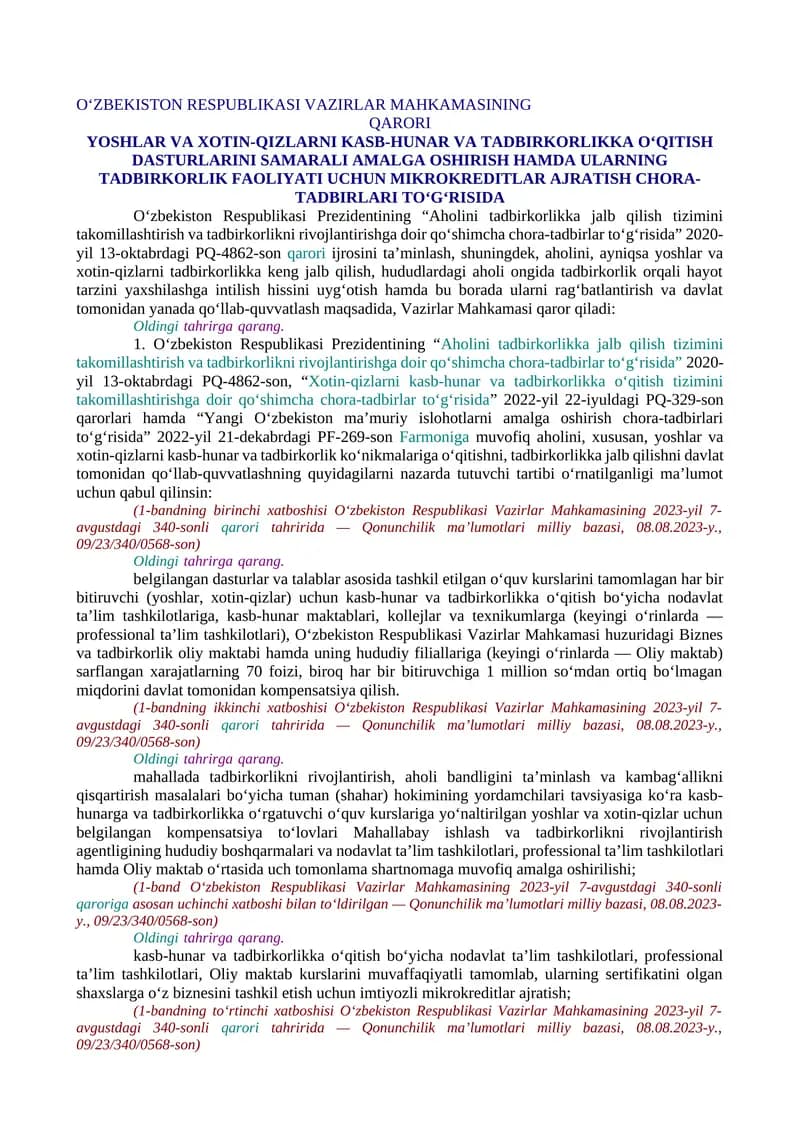 YOSHLAR VA XOTIN-QIZLARNI KASB-HUNAR VA TADBIRKORLIKKA O‘QITISH DASTURLARINI SAMARALI AMALGA OSHIRISH HAMDA ULARNING TADBIRKORLIK FAOLIYATI UCHUN MIKROKREDITLAR AJRATISH CHORA-TADBIRLARI TO‘G‘RISIDA
