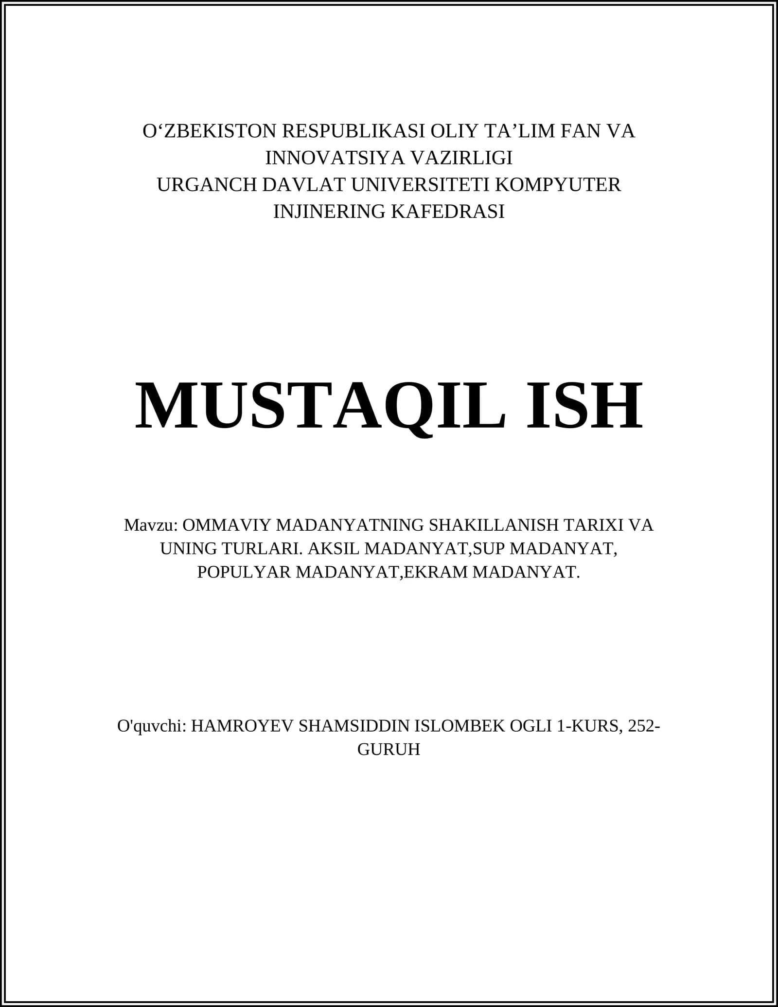OMMAVIY MADANYATNING SHAKILLANISH TARIXI VA UNING TURLARI
