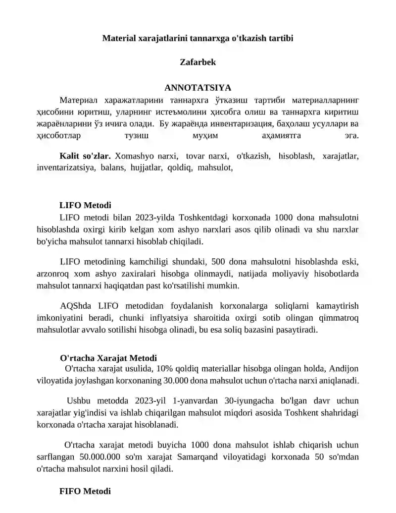 Material xarajatlarini tannarxga o'tkazish tartibi