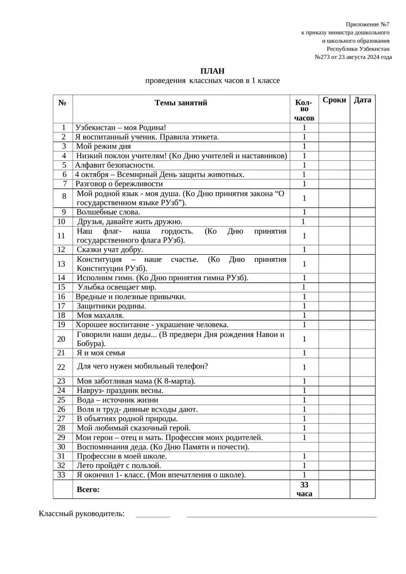 Проведения классных часов