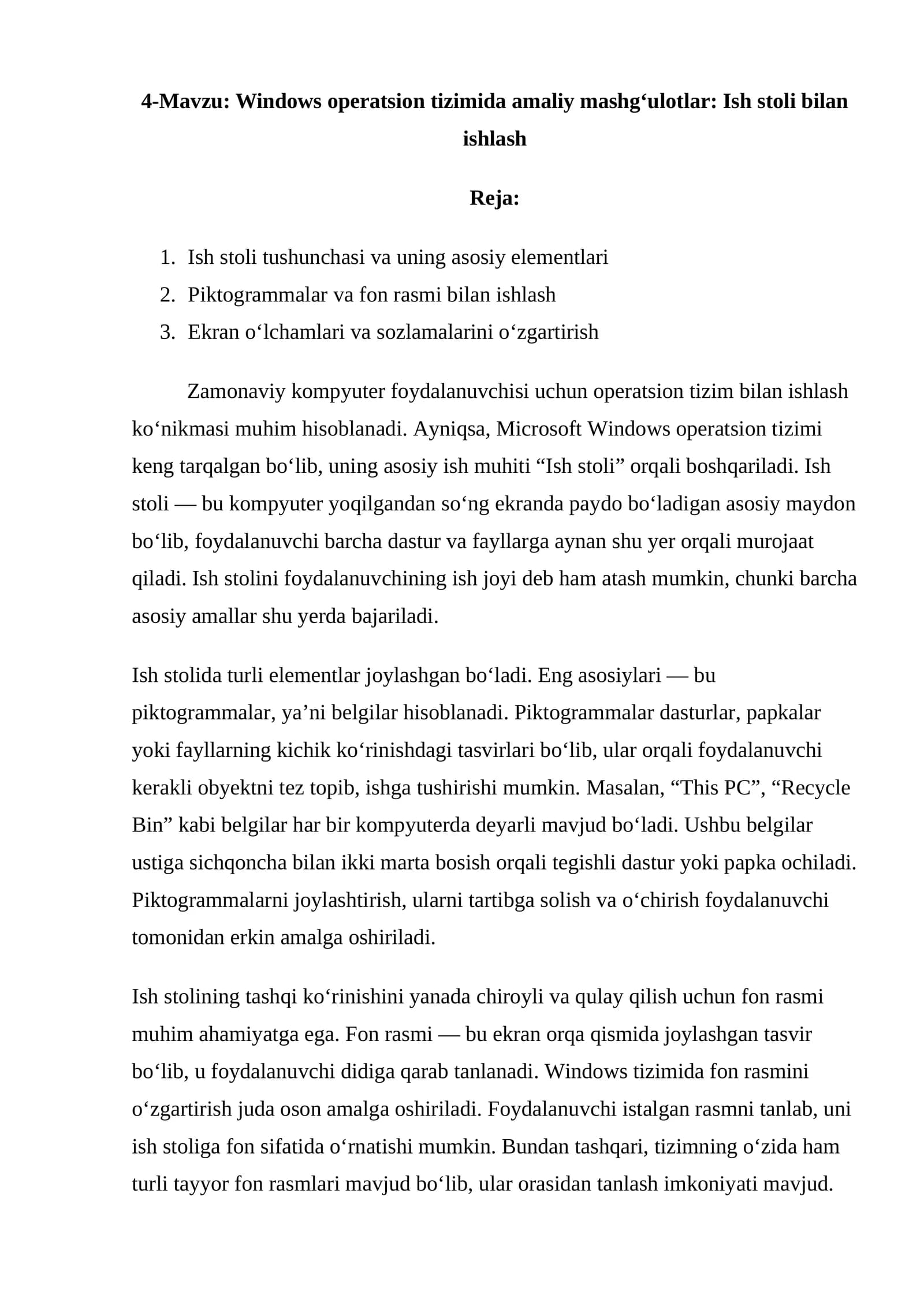 Windows operatsion tizimida amaliy mashg‘ulotlar: Ish stoli bilan ishlash