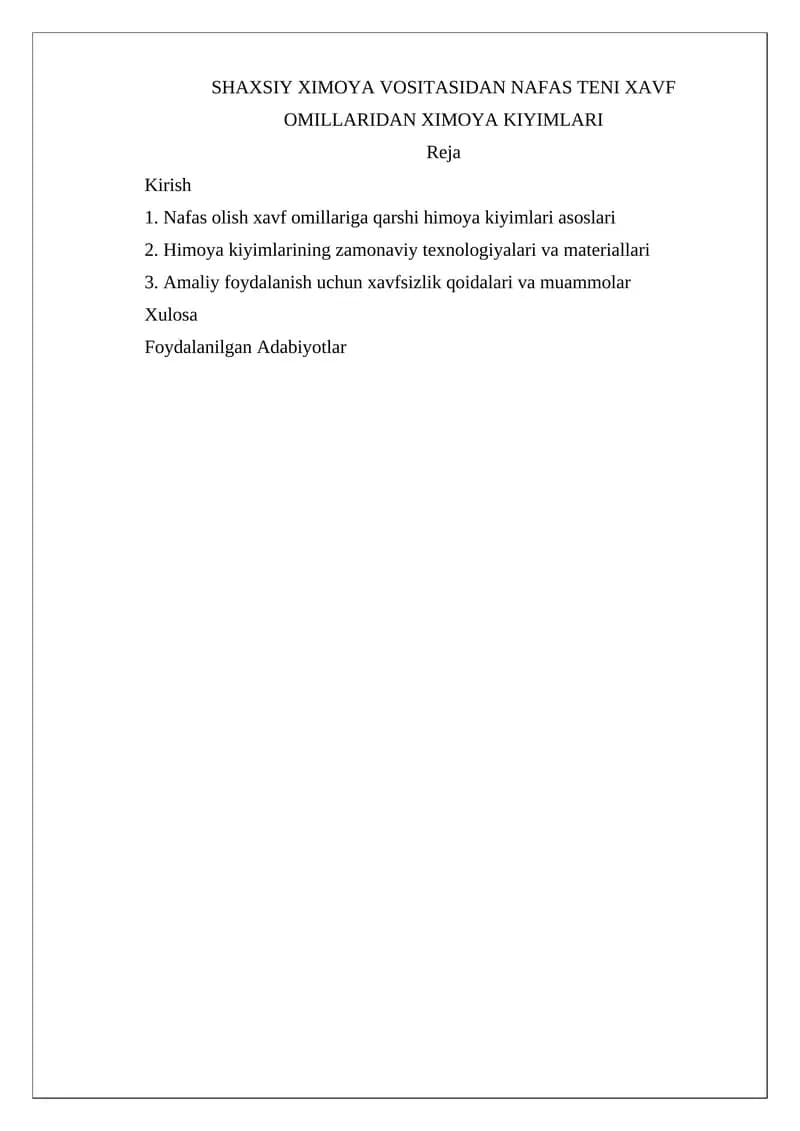 Nafas olish xavf omillariga qarshi himoya kiyimlari