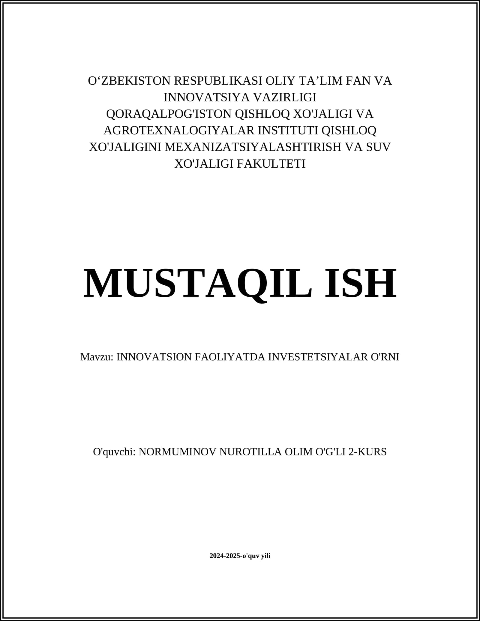 INNOVATSION FAOLIYATDA INVESTETSIYALAR O'RNI