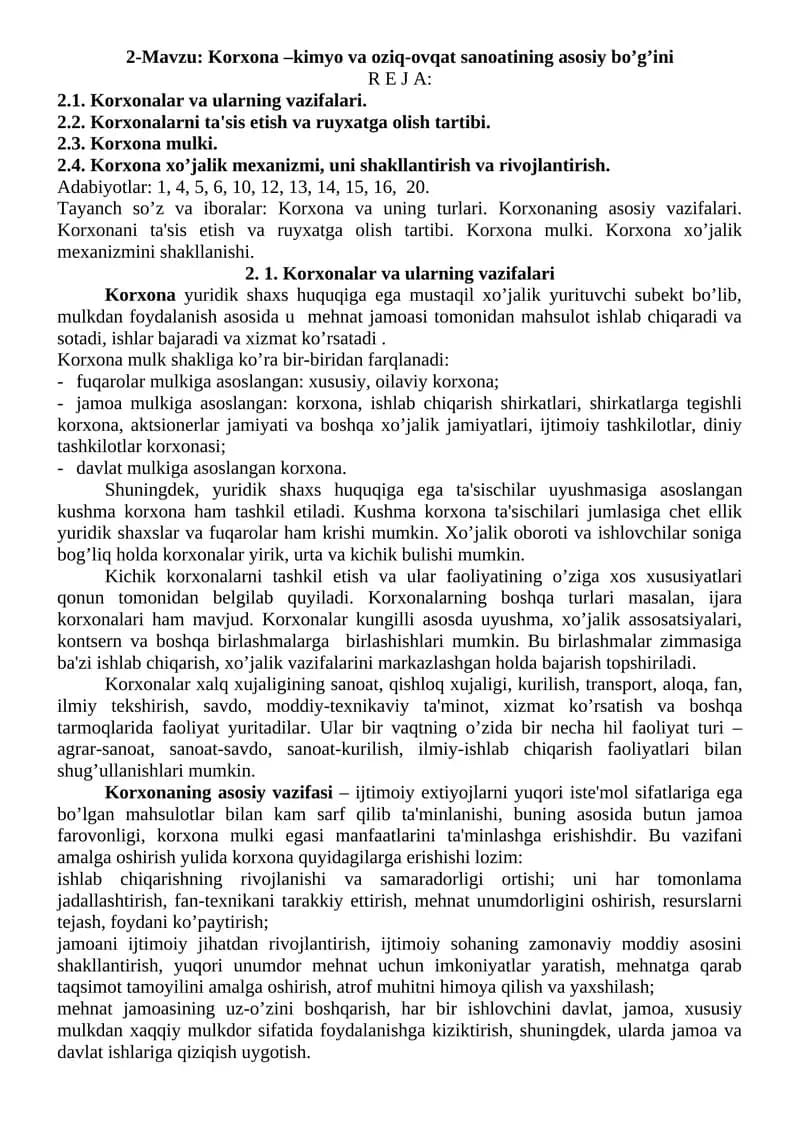 Korxona –kimyo va oziq-ovqat sanoatining asosiy bo’g’ini